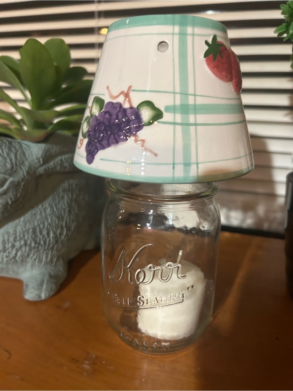 Hand-Painted Fruit Ceramic Mason Jar Topper - Plaid Accents